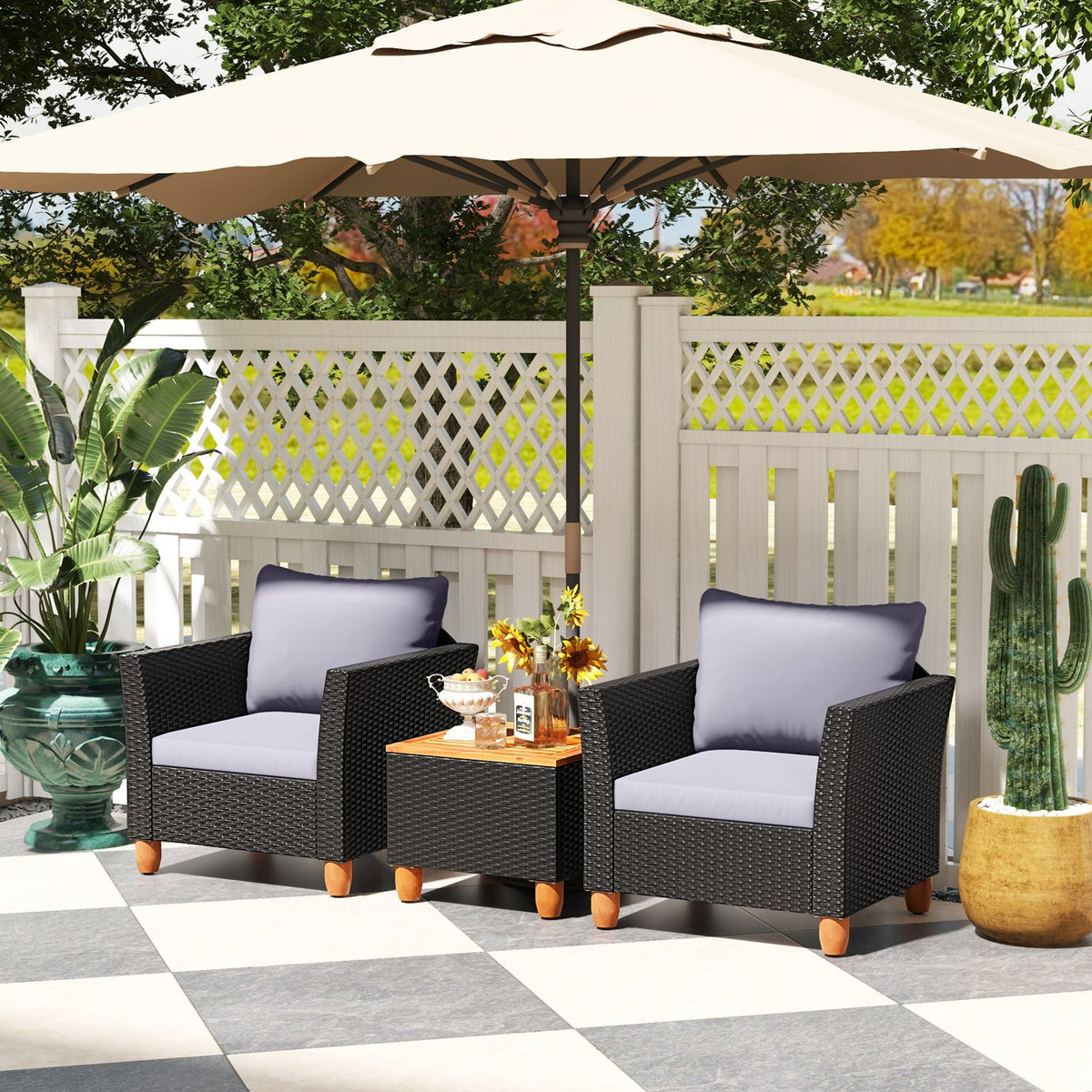 3 Pieces Outdoor Patio Wicker Furniture Set with Cushions and Acacia Wood Coffee Table-Gray view 7