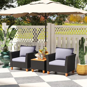 3 Pieces Outdoor Patio Wicker Furniture Set with Cushions and Acacia Wood Coffee Table-Gray view 7