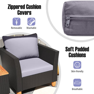 3 Pieces Outdoor Patio Wicker Furniture Set with Cushions and Acacia Wood Coffee Table-Gray view 9