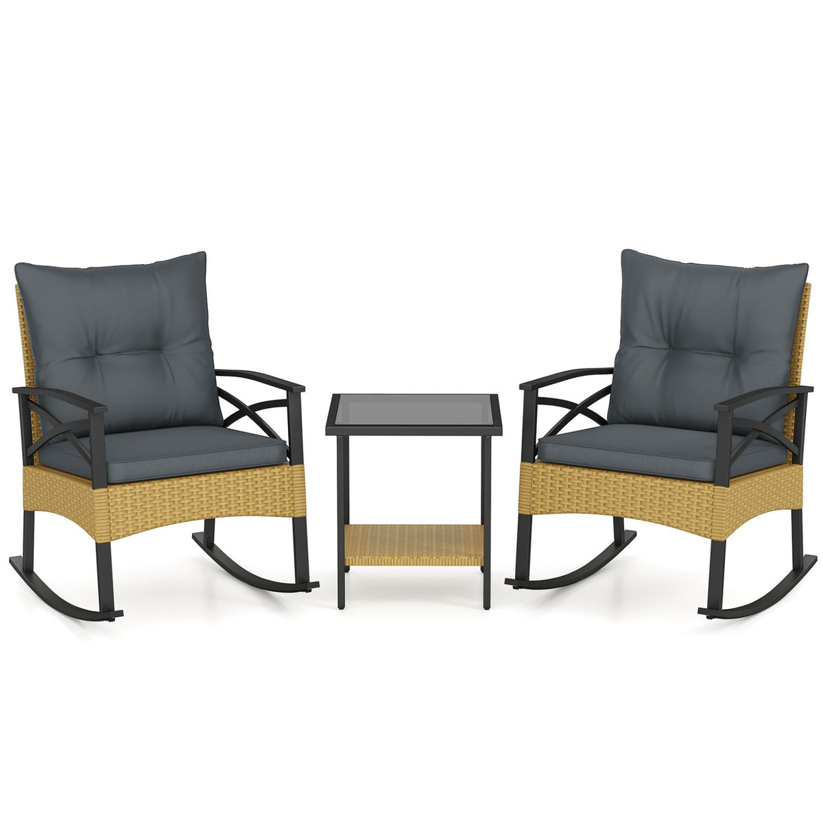 3 Pieces Outdoor Rattan Rocking Chairs Set with, 2-Tier Side Table for Garden Backyard-Gray