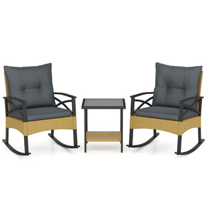 3 Pieces Outdoor Rattan Rocking Chairs Set with, 2-Tier Side Table for Garden Backyard-Gray