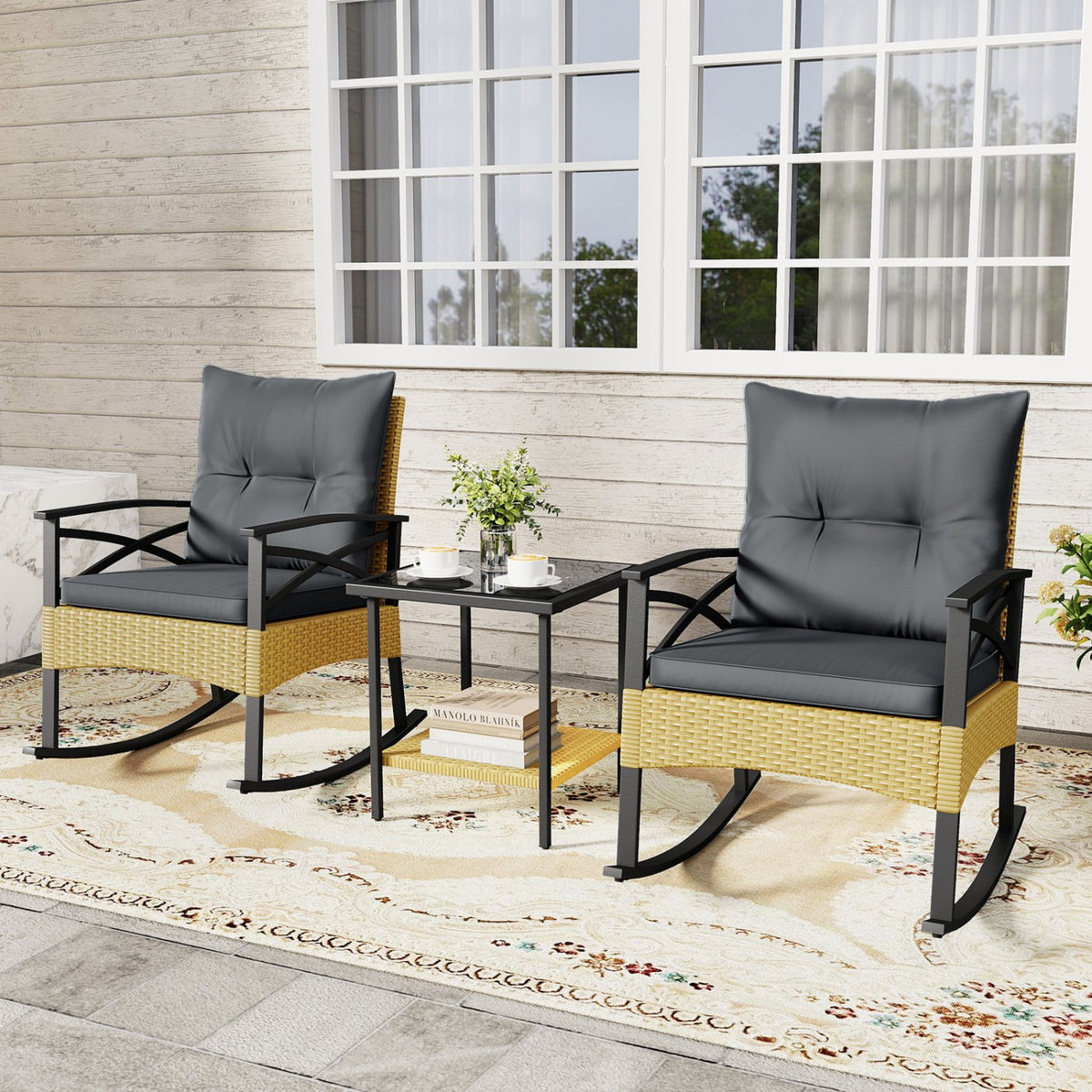 3 Pieces Outdoor Rattan Rocking Chairs Set with, 2-Tier Side Table for Garden Backyard-Gray view 2