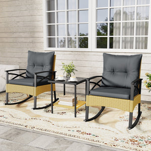 3 Pieces Outdoor Rattan Rocking Chairs Set with, 2-Tier Side Table for Garden Backyard-Gray view 2