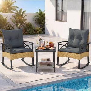 3 Pieces Outdoor Rattan Rocking Chairs Set with, 2-Tier Side Table for Garden Backyard-Gray view 3