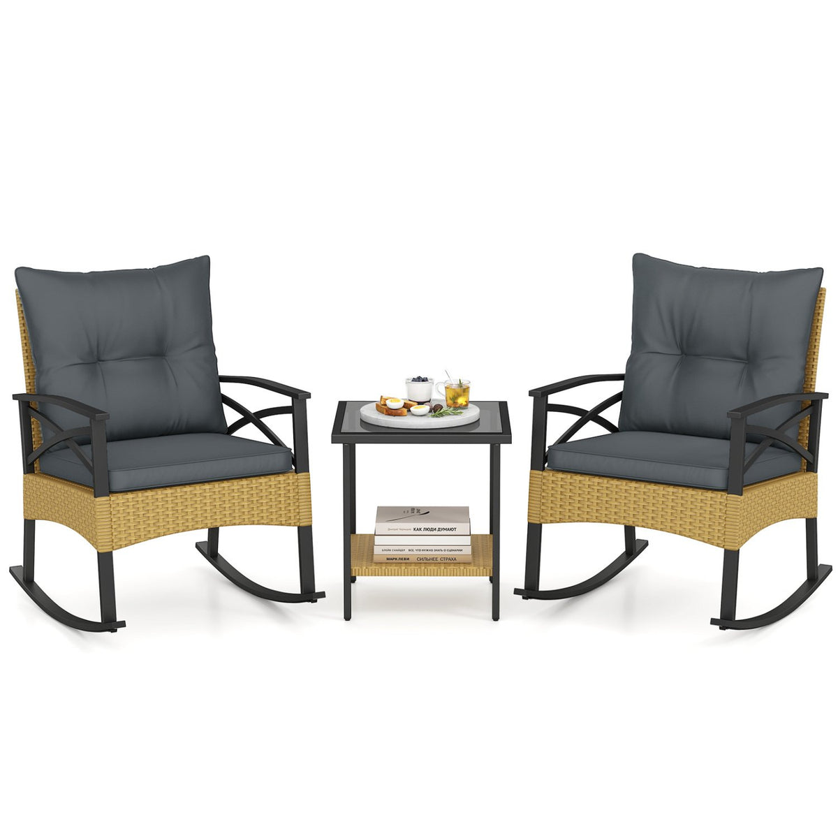 3 Pieces Outdoor Rattan Rocking Chairs Set with, 2-Tier Side Table for Garden Backyard-Gray view 4