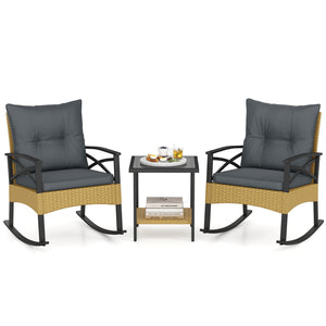 3 Pieces Outdoor Rattan Rocking Chairs Set with, 2-Tier Side Table for Garden Backyard-Gray view 4