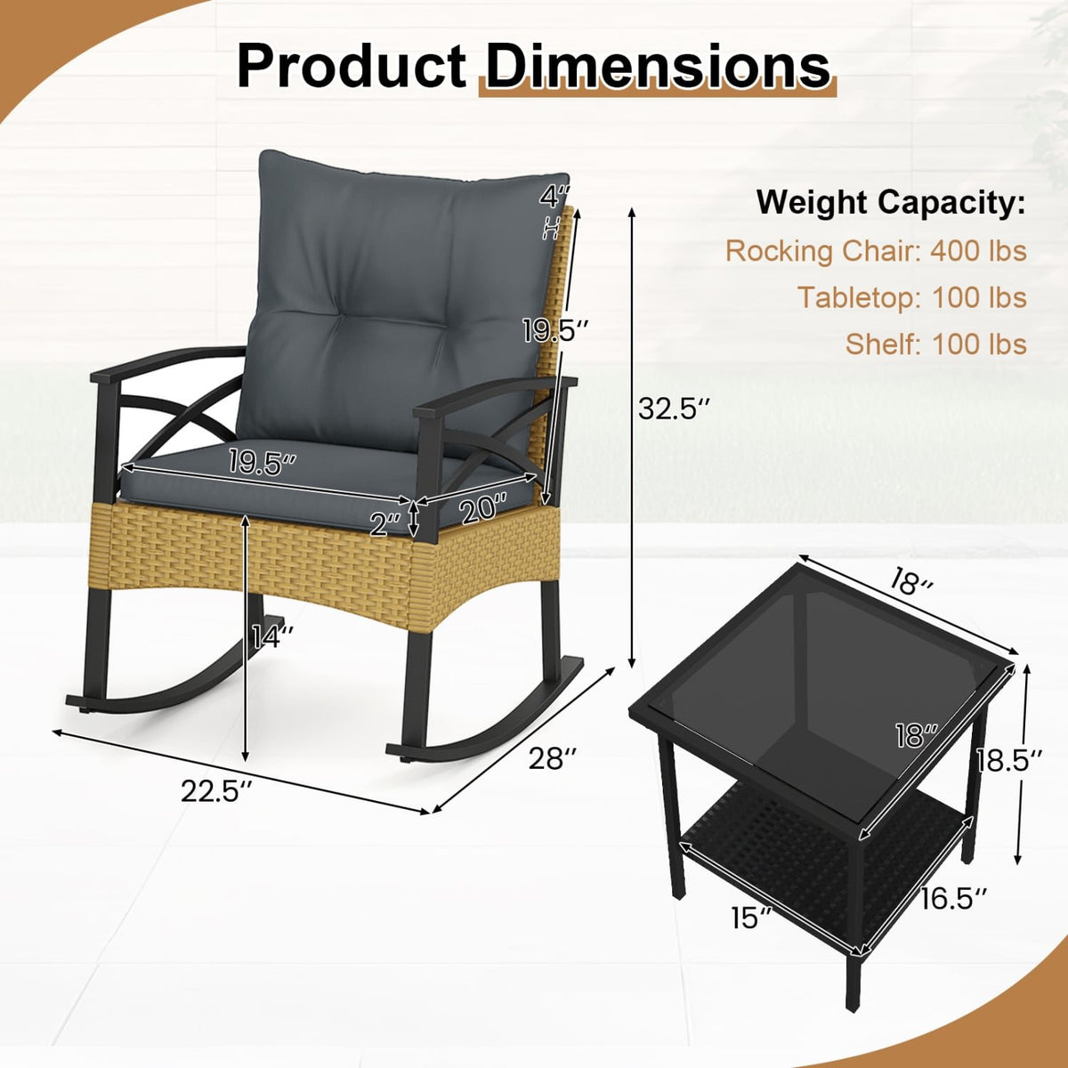 3 Pieces Outdoor Rattan Rocking Chairs Set with, 2-Tier Side Table for Garden Backyard-Gray view 5
