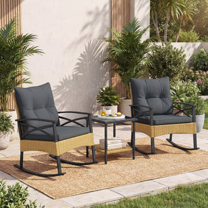 3 Pieces Outdoor Rattan Rocking Chairs Set with, 2-Tier Side Table for Garden Backyard-Gray view 6