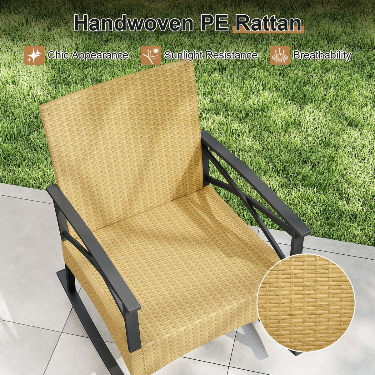 3 Pieces Outdoor Rattan Rocking Chairs Set with, 2-Tier Side Table for Garden Backyard-Gray view 7