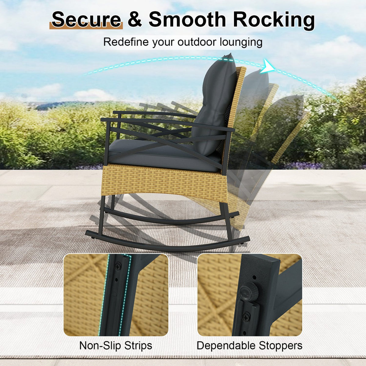 3 Pieces Outdoor Rattan Rocking Chairs Set with, 2-Tier Side Table for Garden Backyard-Gray view 8