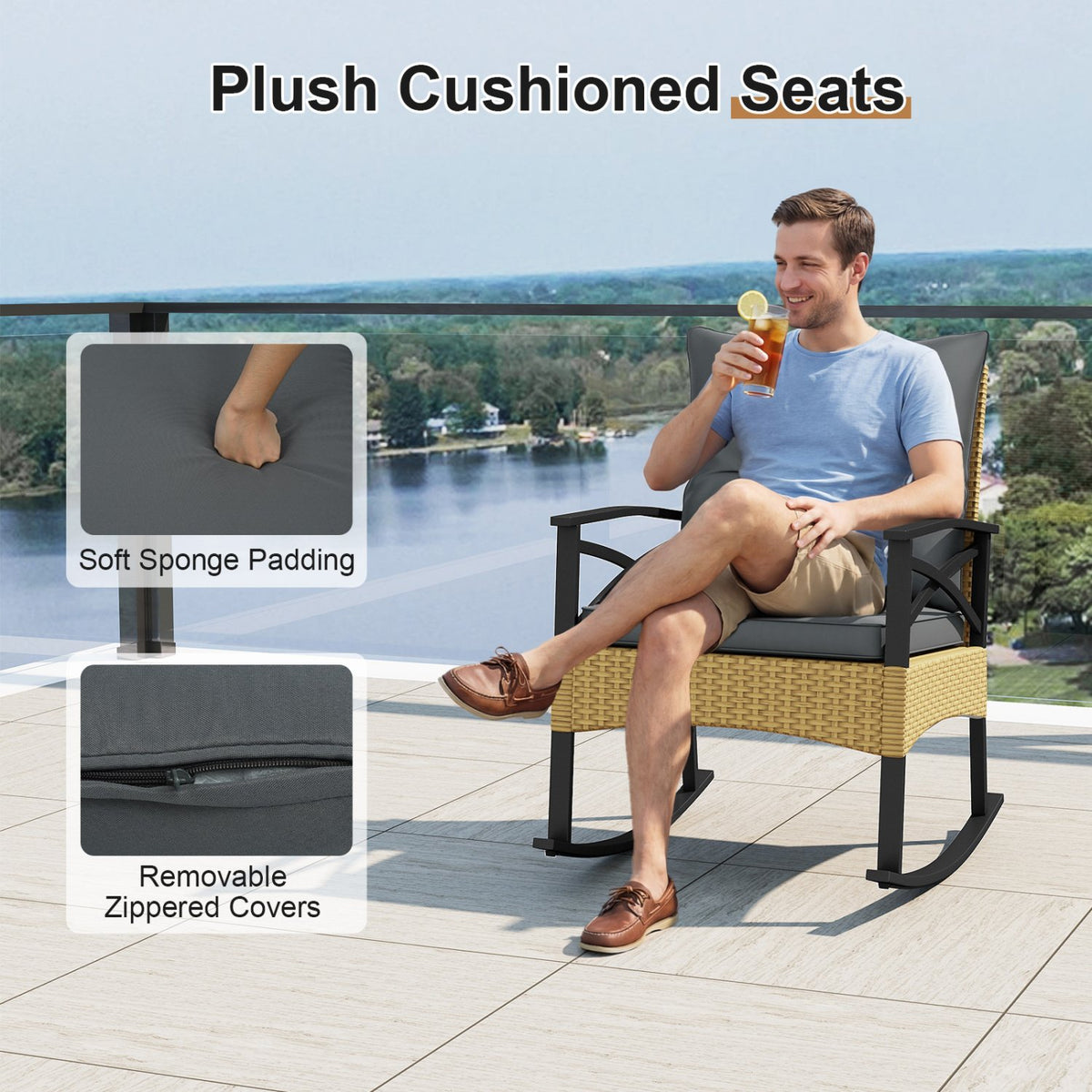 3 Pieces Outdoor Rattan Rocking Chairs Set with, 2-Tier Side Table for Garden Backyard-Gray view 9
