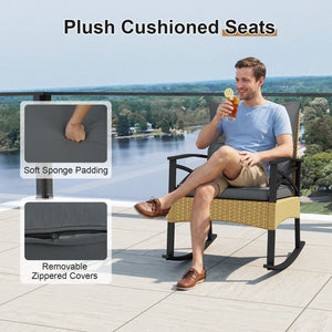 3 Pieces Outdoor Rattan Rocking Chairs Set with, 2-Tier Side Table for Garden Backyard-Gray view 9