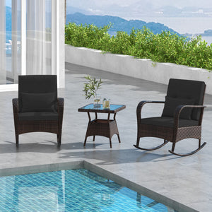 3 Pieces Outdoor Rocking Set with Tempered Glass Coffee Table for Backyard Poolside-Black view 2
