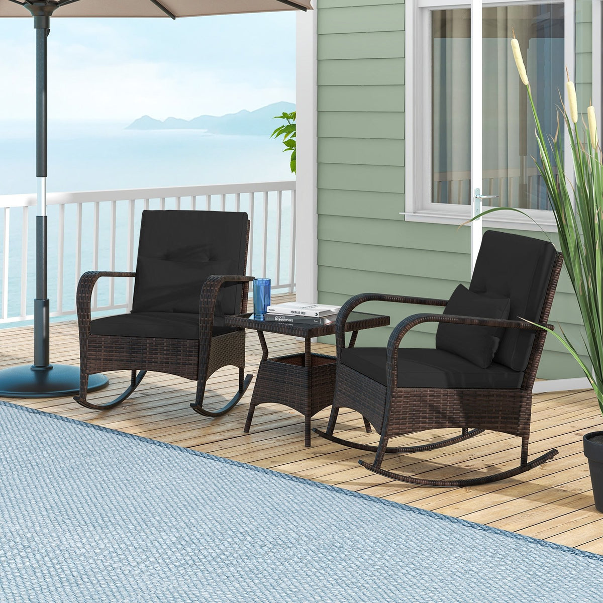 3 Pieces Outdoor Rocking Set with Tempered Glass Coffee Table for Backyard Poolside-Black view 3
