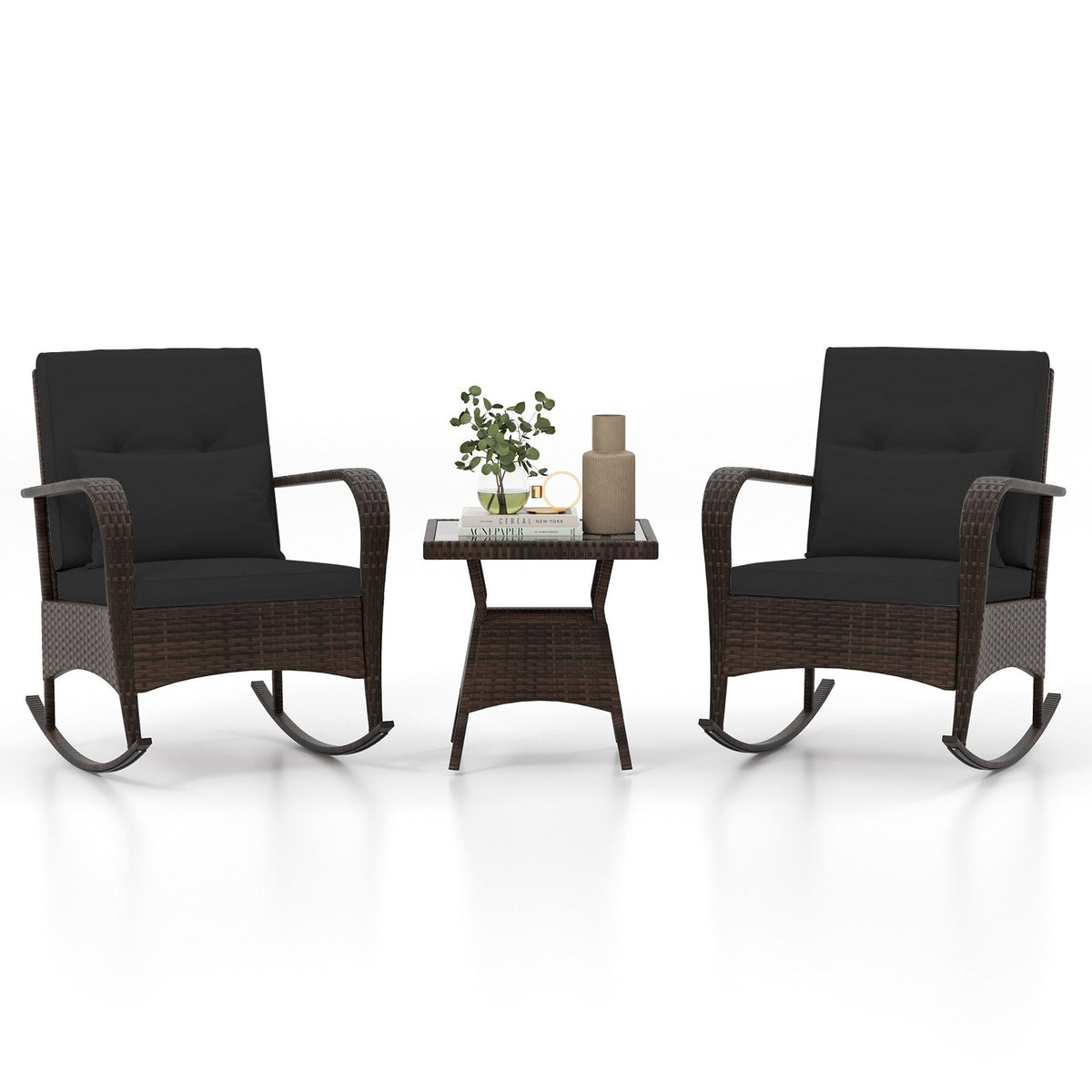 3 Pieces Outdoor Rocking Set with Tempered Glass Coffee Table for Backyard Poolside-Black view 4
