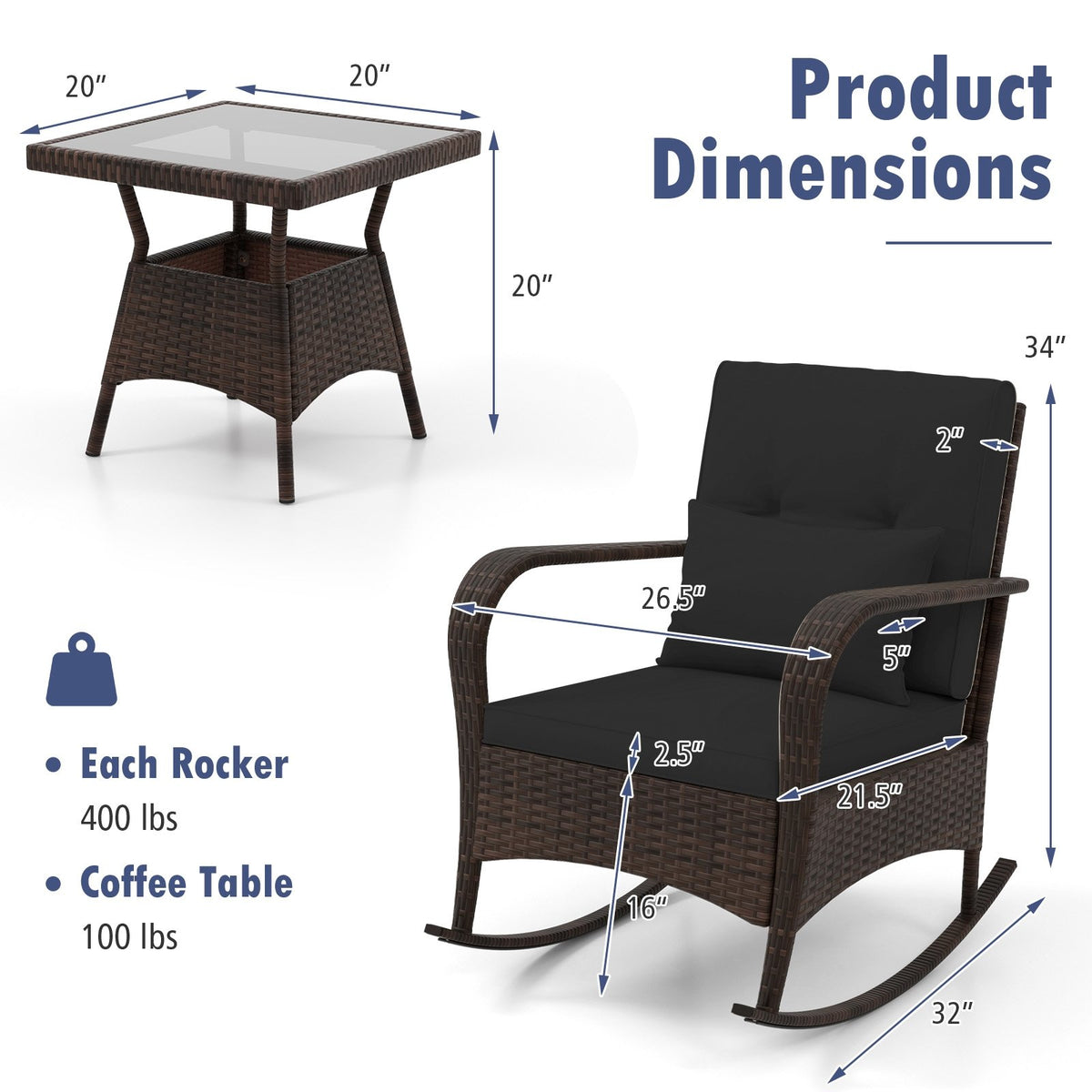 3 Pieces Outdoor Rocking Set with Tempered Glass Coffee Table for Backyard Poolside-Black view 5
