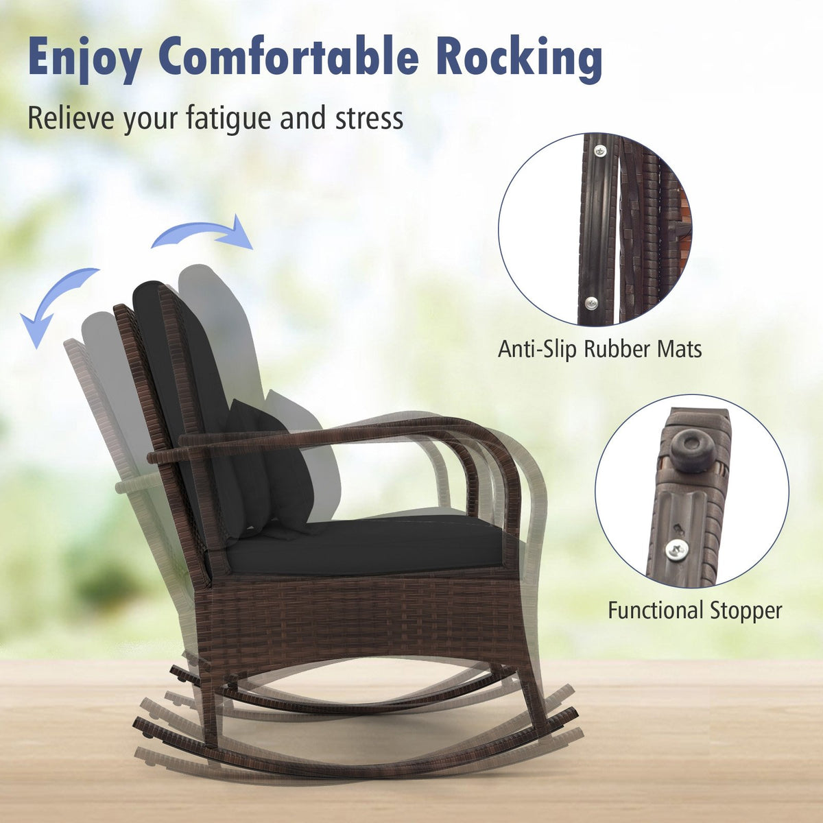 3 Pieces Outdoor Rocking Set with Tempered Glass Coffee Table for Backyard Poolside-Black view 6