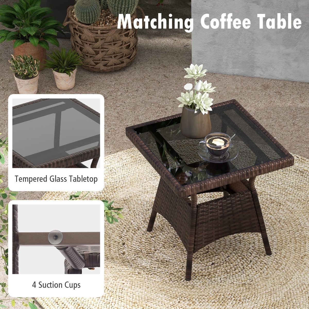 3 Pieces Outdoor Rocking Set with Tempered Glass Coffee Table for Backyard Poolside-Black view 7