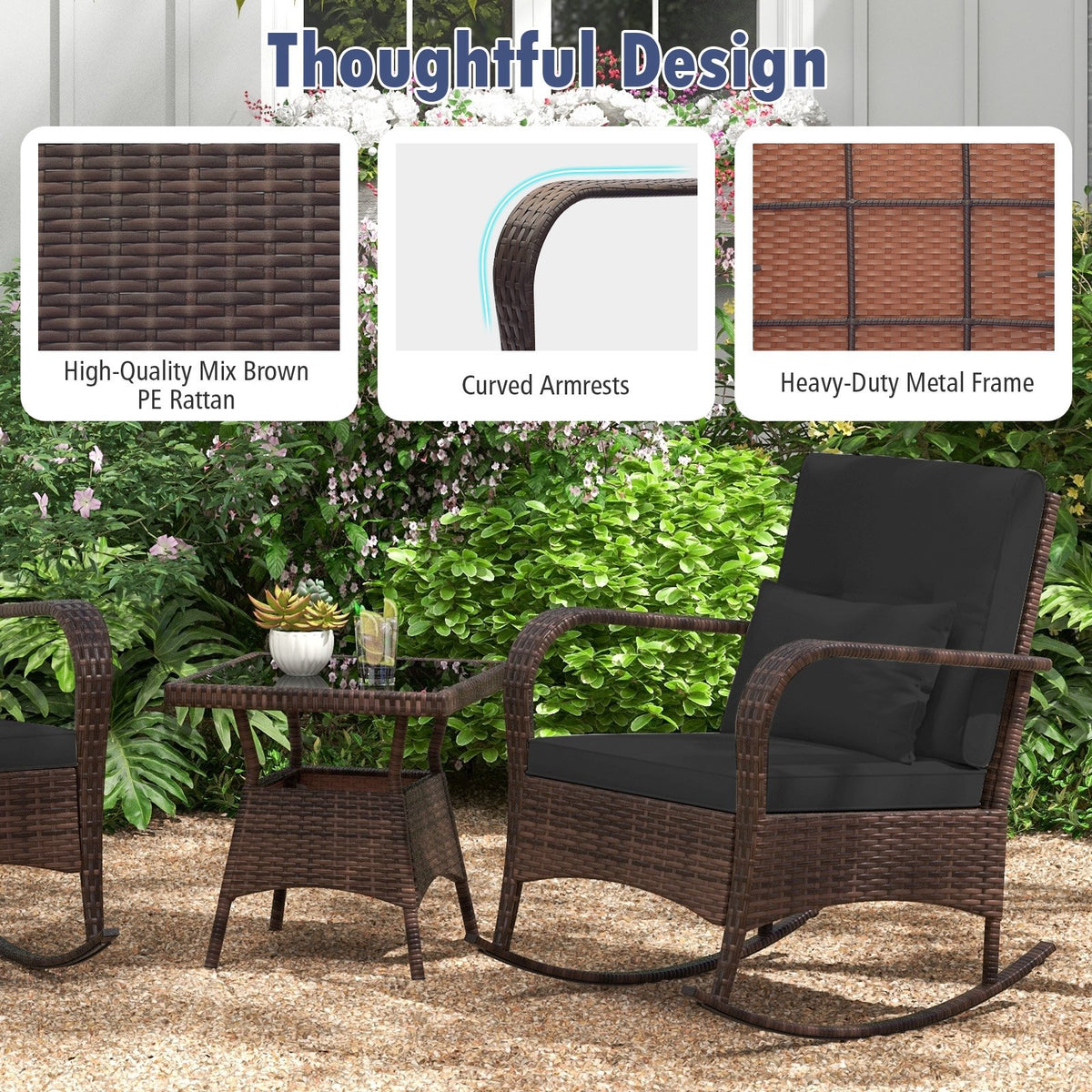 3 Pieces Outdoor Rocking Set with Tempered Glass Coffee Table for Backyard Poolside-Black view 8