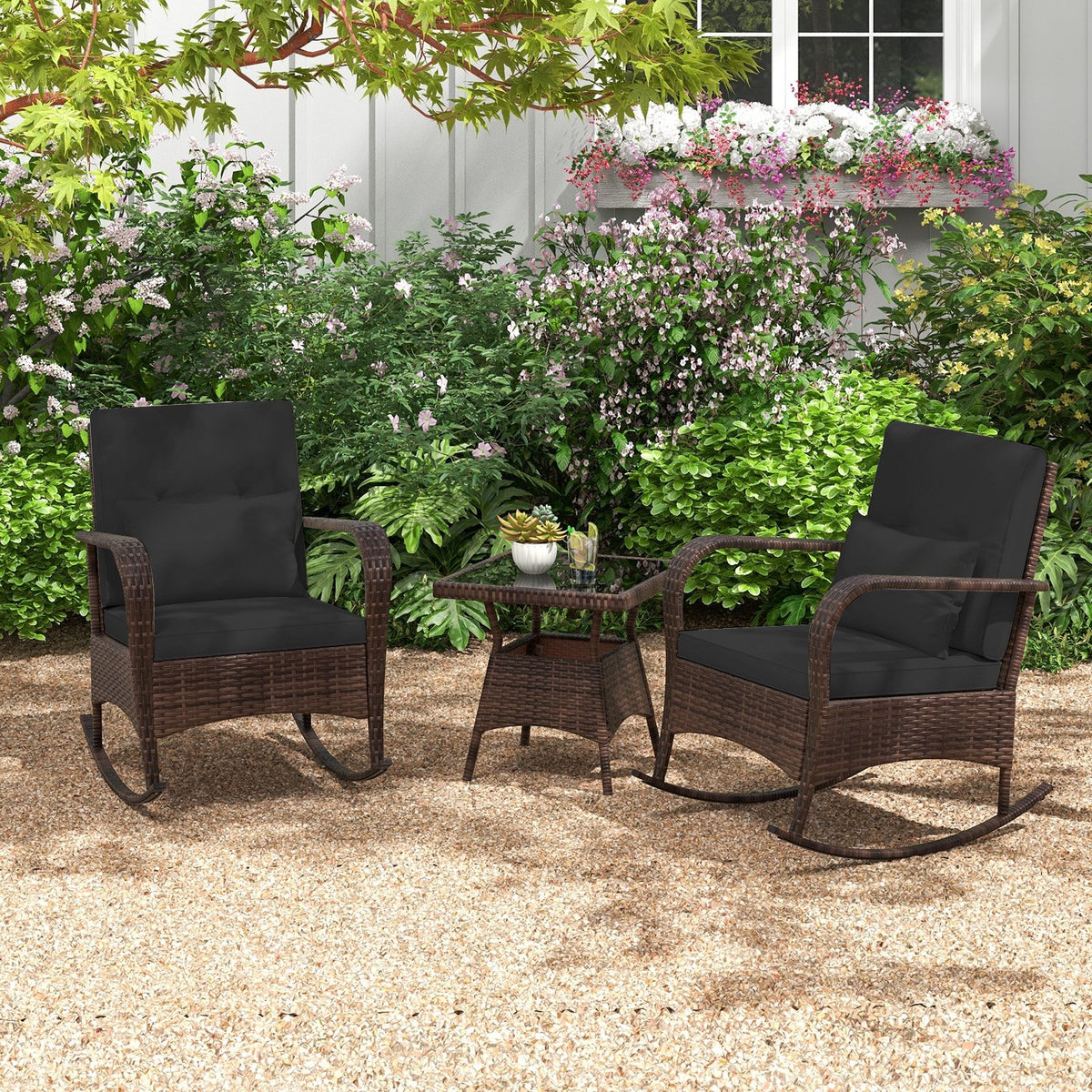 3 Pieces Outdoor Rocking Set with Tempered Glass Coffee Table for Backyard Poolside-Black view 9
