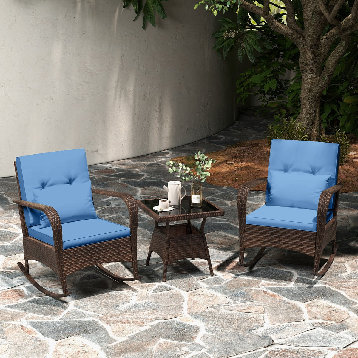3 Pieces Outdoor Rocking Set with Tempered Glass Coffee Table for Backyard Poolside-Navy view 2