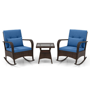 3 Pieces Outdoor Rocking Set with Tempered Glass Coffee Table for Backyard Poolside-Navy view 4
