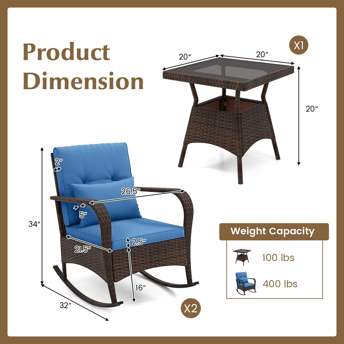 3 Pieces Outdoor Rocking Set with Tempered Glass Coffee Table for Backyard Poolside-Navy view 5