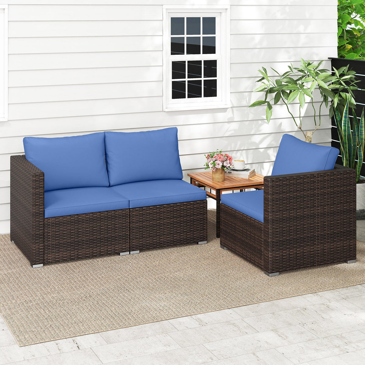 3 Pieces Outdoor Sectional Sofa Set with Soft Cushions-Navy view 3