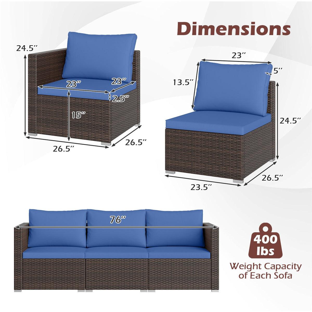 3 Pieces Outdoor Sectional Sofa Set with Soft Cushions-Navy view 5