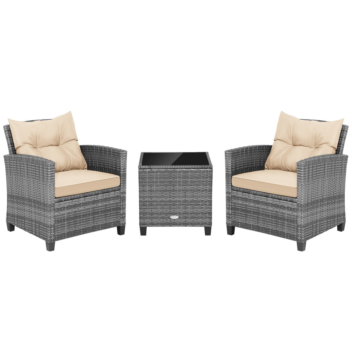 3 Pieces Outdoor Wicker Conversation Set with Tempered Glass Tabletop-Beige