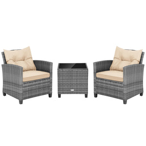 3 Pieces Outdoor Wicker Conversation Set with Tempered Glass Tabletop-Beige