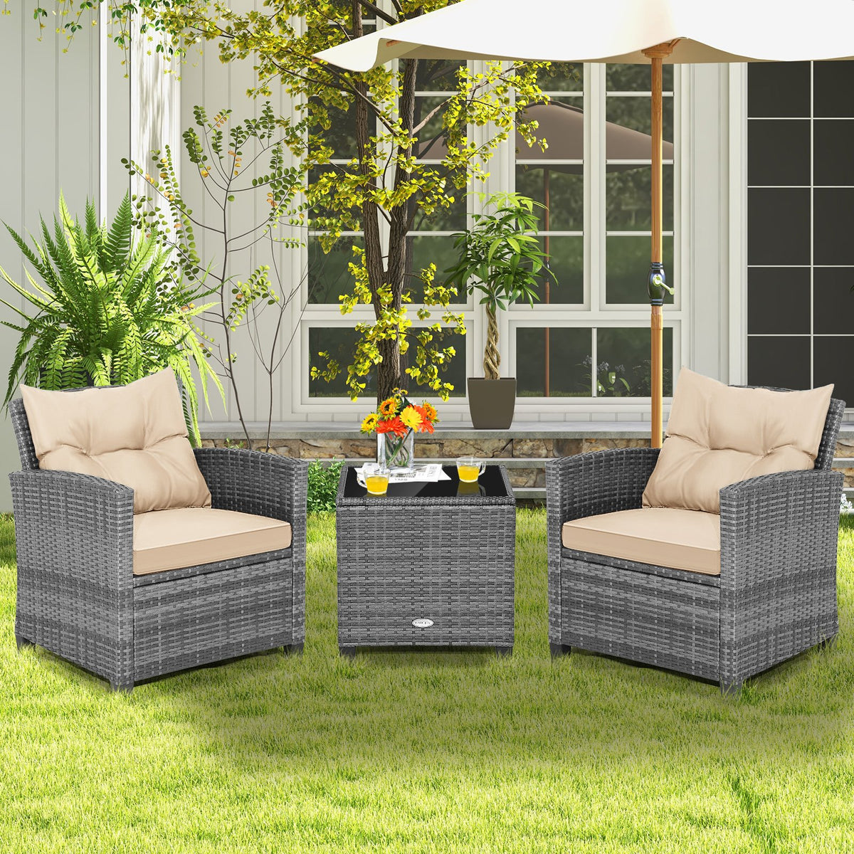 3 Pieces Outdoor Wicker Conversation Set with Tempered Glass Tabletop-Beige view 2