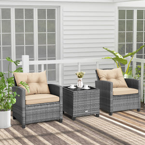 3 Pieces Outdoor Wicker Conversation Set with Tempered Glass Tabletop-Beige view 3
