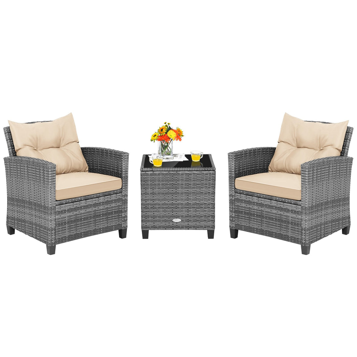 3 Pieces Outdoor Wicker Conversation Set with Tempered Glass Tabletop-Beige view 4
