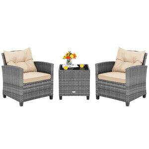 3 Pieces Outdoor Wicker Conversation Set with Tempered Glass Tabletop-Beige view 4