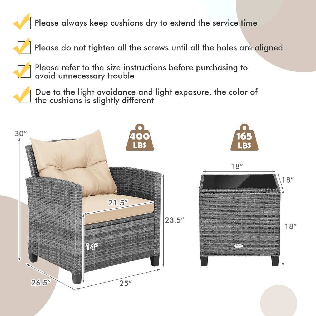 3 Pieces Outdoor Wicker Conversation Set with Tempered Glass Tabletop-Beige view 5