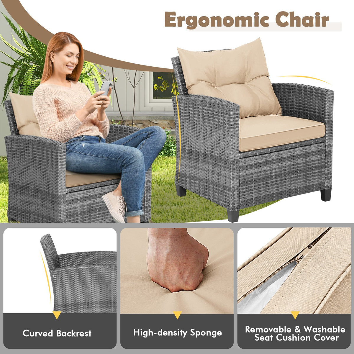 3 Pieces Outdoor Wicker Conversation Set with Tempered Glass Tabletop-Beige view 7
