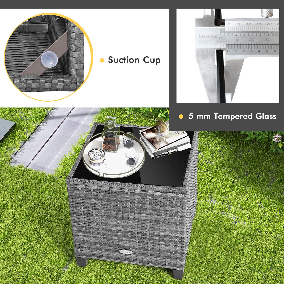 3 Pieces Outdoor Wicker Conversation Set with Tempered Glass Tabletop-Beige view 8