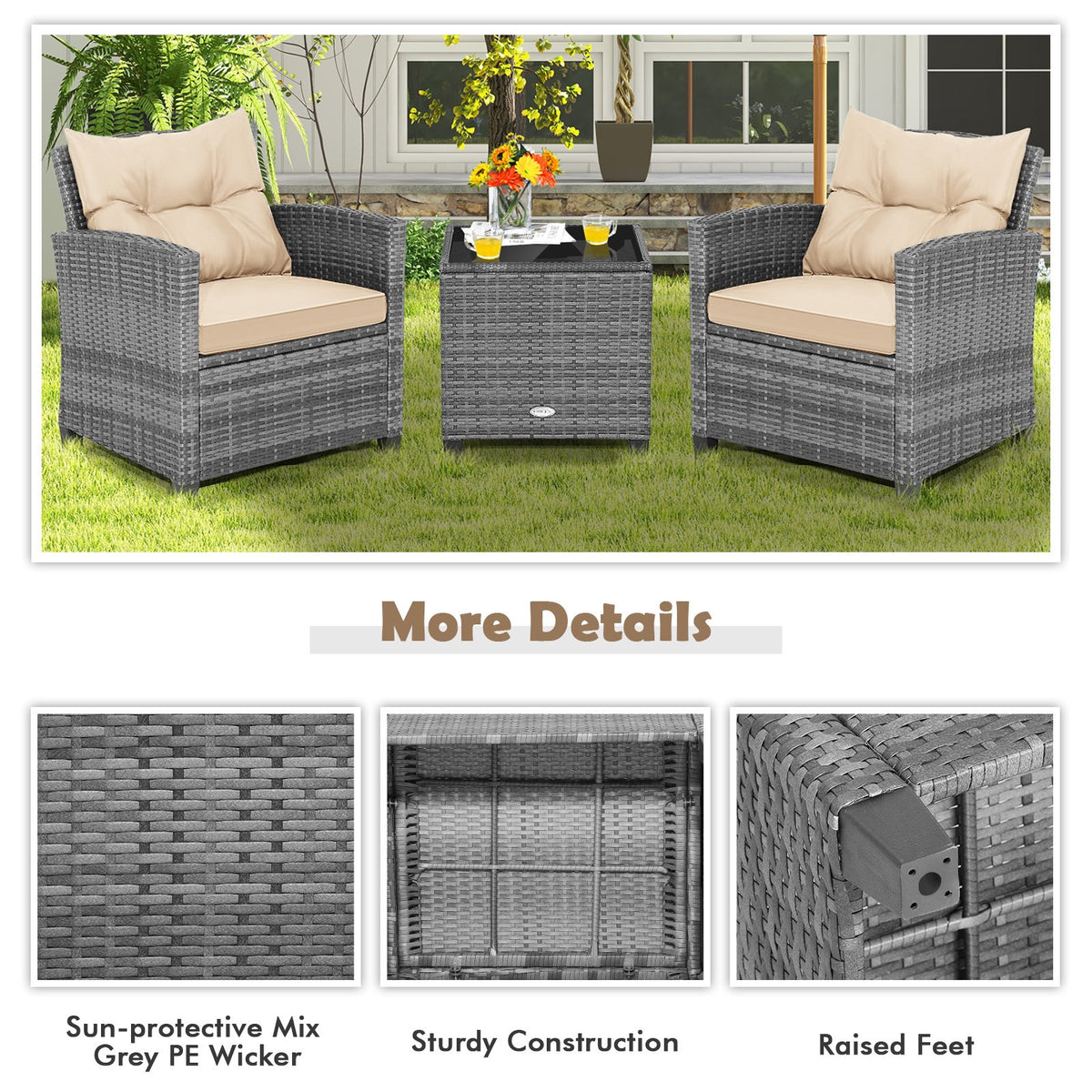 3 Pieces Outdoor Wicker Conversation Set with Tempered Glass Tabletop-Beige view 9
