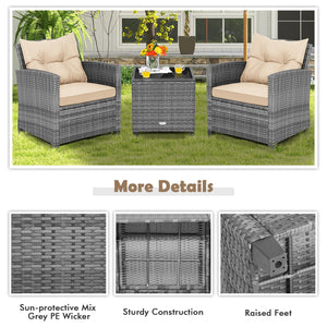 3 Pieces Outdoor Wicker Conversation Set with Tempered Glass Tabletop-Beige view 9