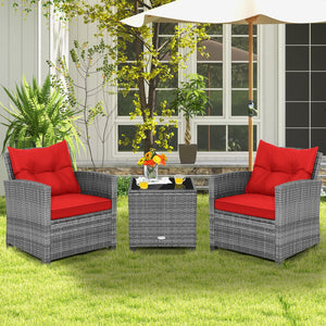 3 Pieces Outdoor Wicker Conversation Set with Tempered Glass Tabletop-Red view 2