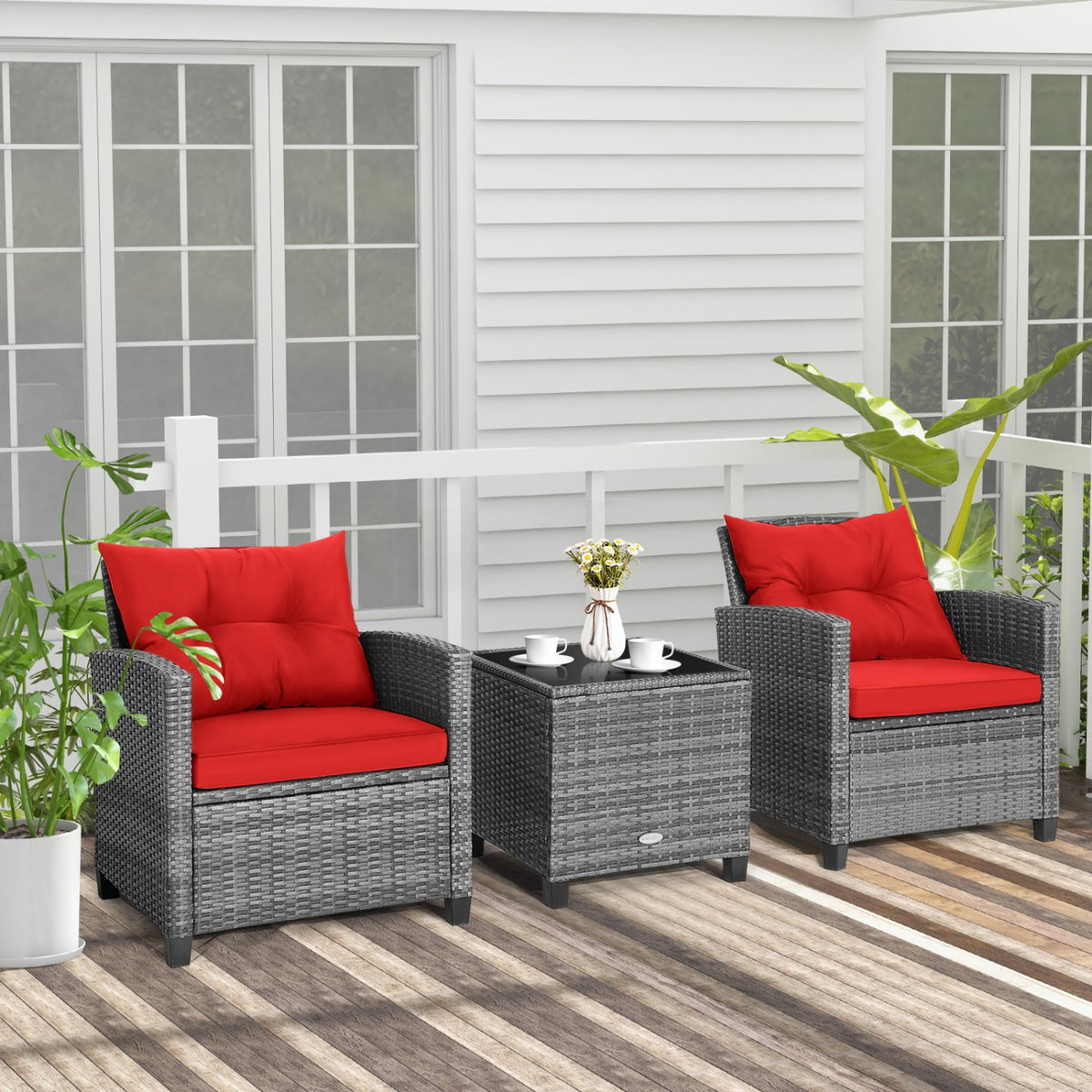 3 Pieces Outdoor Wicker Conversation Set with Tempered Glass Tabletop-Red view 3