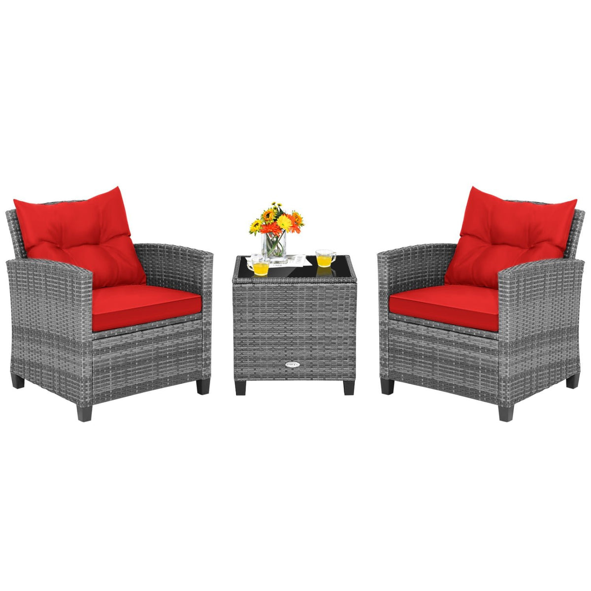 3 Pieces Outdoor Wicker Conversation Set with Tempered Glass Tabletop-Red view 4