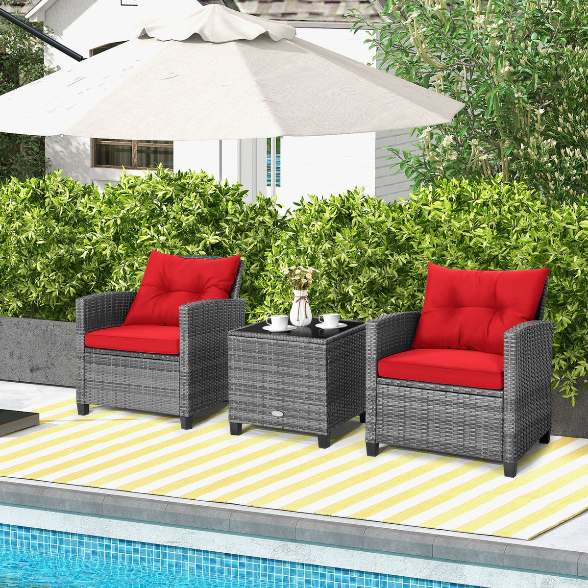 3 Pieces Outdoor Wicker Conversation Set with Tempered Glass Tabletop-Red view 6