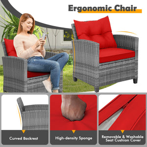 3 Pieces Outdoor Wicker Conversation Set with Tempered Glass Tabletop-Red view 7