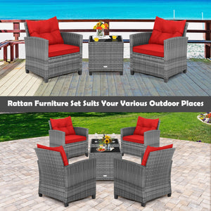 3 Pieces Outdoor Wicker Conversation Set with Tempered Glass Tabletop-Red view 8