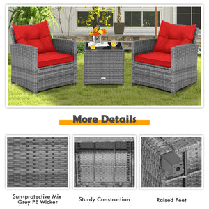 3 Pieces Outdoor Wicker Conversation Set with Tempered Glass Tabletop-Red view 9