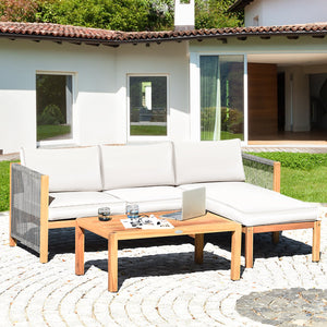 3 Pieces Patio Acacia Wood Sofa Furniture Set with Nylon Rope Armrest-White view 2