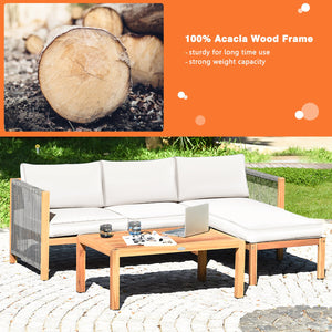 3 Pieces Patio Acacia Wood Sofa Furniture Set with Nylon Rope Armrest-White view 3