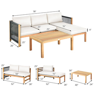 3 Pieces Patio Acacia Wood Sofa Furniture Set with Nylon Rope Armrest-White view 4